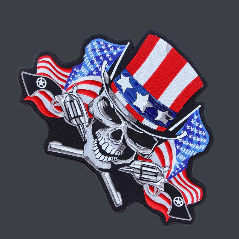 Huge US Flag top hat Skull with double Guns 11.6'' inches  Embroidery Patches for Jacket Back Vest Motorcycle Biker Needwork