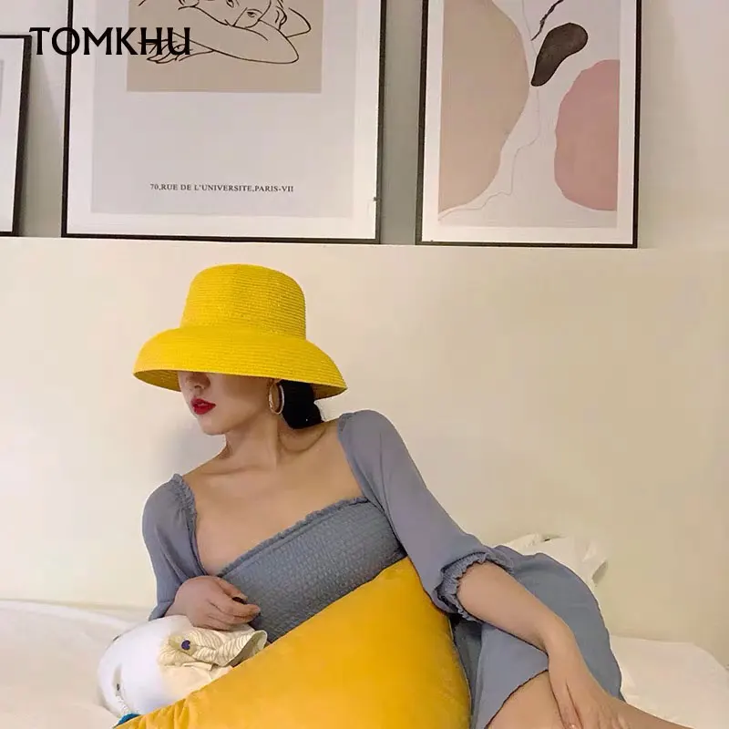 TOMKHU Hot Sale Women Yellow Straw Sun Hat Elegant Big Wide Brim Foldable Anti-UV Beach Sun Floppy Hats Flat Caps Bob