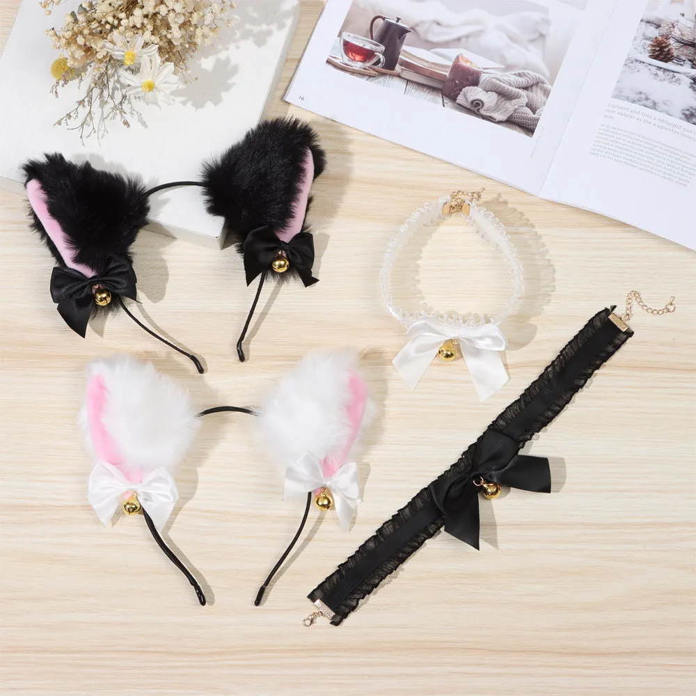 1Set Cat Ear Headband With Bells Necklace Plush Furry Cat Ears Headwear Fancy Dress Hairband Women Girls Party Cosplay Headwear