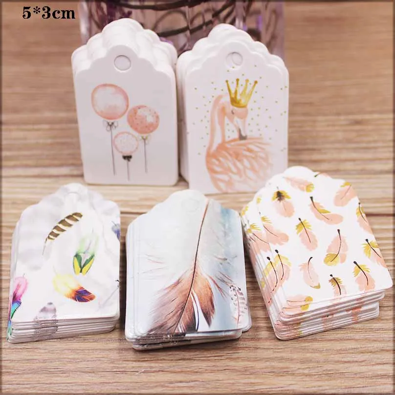 Parcking tag Scallop shape 5x3cm 100 tag white color  wedding candy gift tags Feathers pattern decoration hang tag party suppile