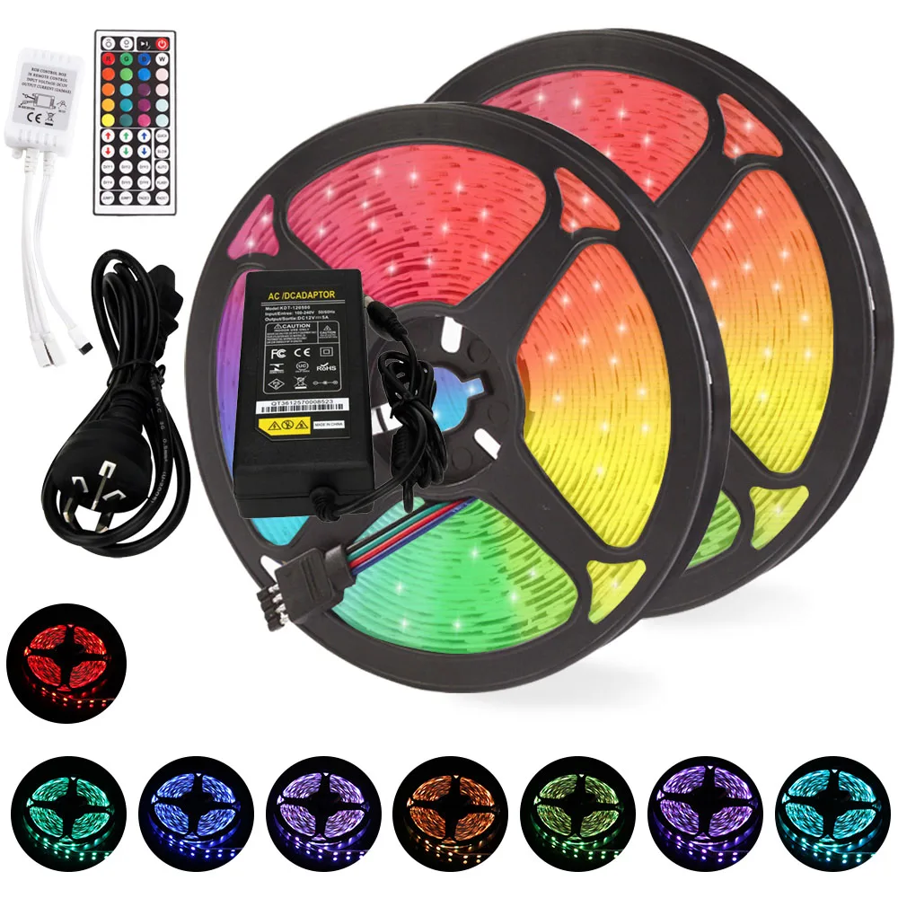 

Led Strip 60LED 30LED IP65 Waterproof RGB 5M 10M 15M DC12V IP20 SMD5050 2835 Flexible Tape Light Cable Control+Adapter