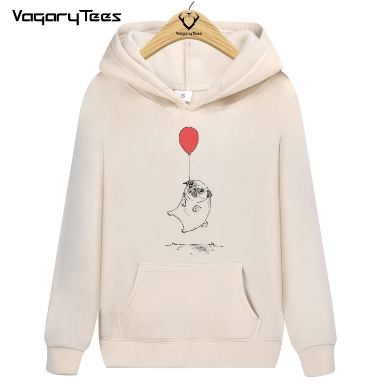 New fashion bulldog-red balloon print Pullover Sweatshirts Hoodies Cute Dog design casual Hipster cool Tops Mens Hoodie Male