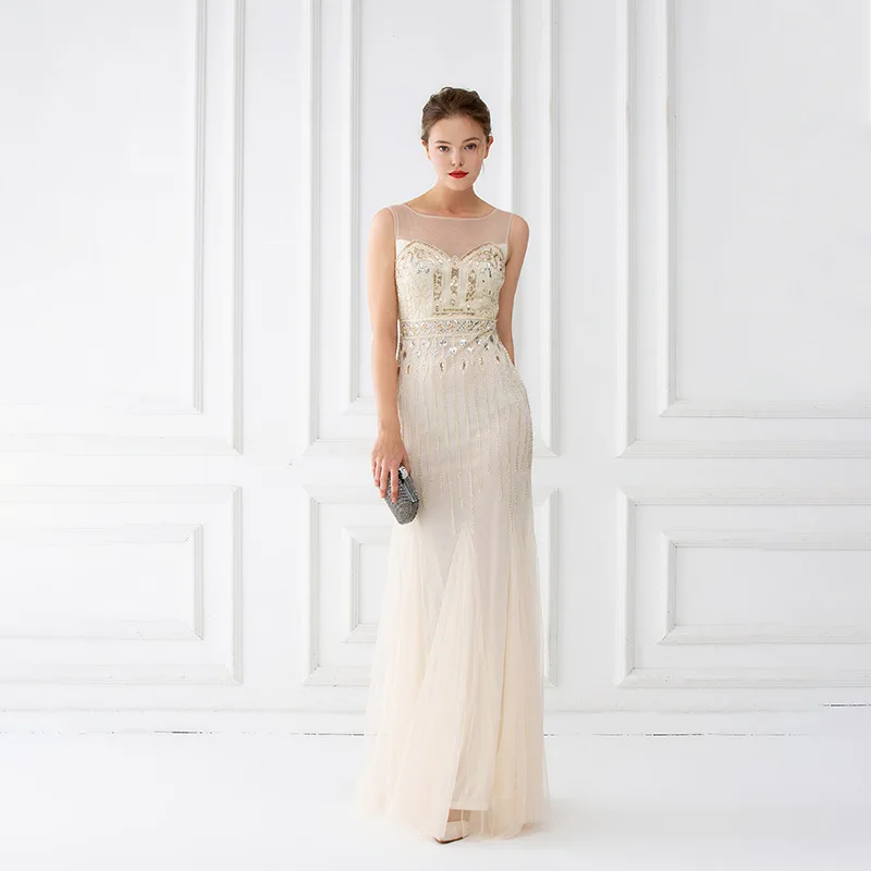 ผู้หญิงบาร์ Mitzvah ชุด Illusion O-Neck Elegant เซ็กซี่ชุดราตรียาวเย็บปักถักร้อย Sequined ชุดราตรีชุดราตรี