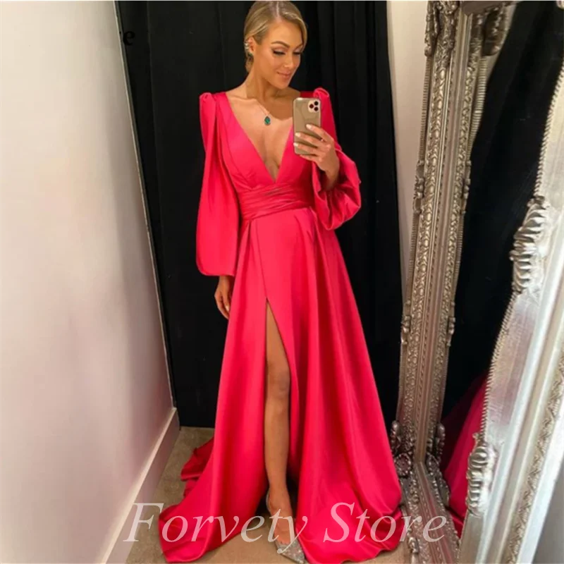 

Fuchsia V Neck Side Slit Evening Dresses Long Puff Sleeves A Line Bridal Formal Party Night Gowns robe de soirée femme فساتين ال