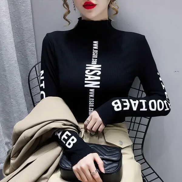 

Black undershirt woman 2020 Autumn and winter new mid-high collar with casual fit long-sleeve t-shirt with stretch printing