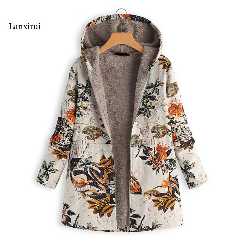 

Woman Parkas Winter Warm Down Jacket Flower Print Hooded Coat Vintage Oversized Outerwear Loose Fleeces Lining Buttoned Parka