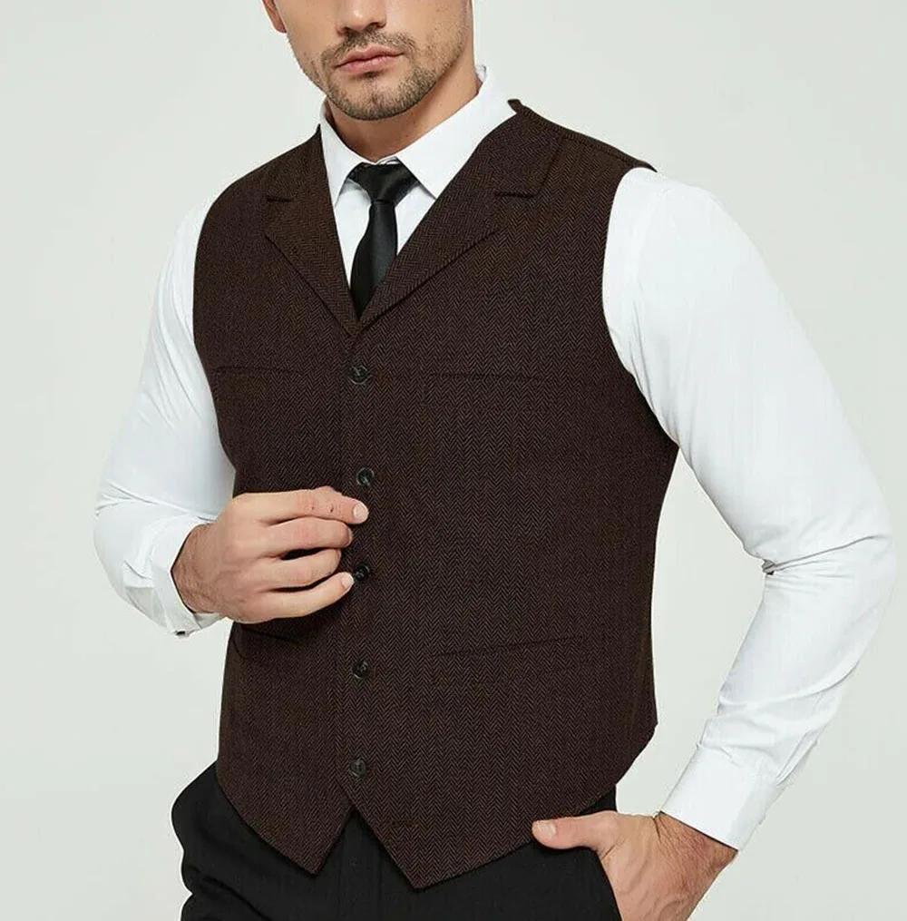 Men\'s Grey Herringbone Wool Tweed Slim Fit Leisure Cotton Suit Burgundy Vest Gentleman Business Waistcoat For Wedding