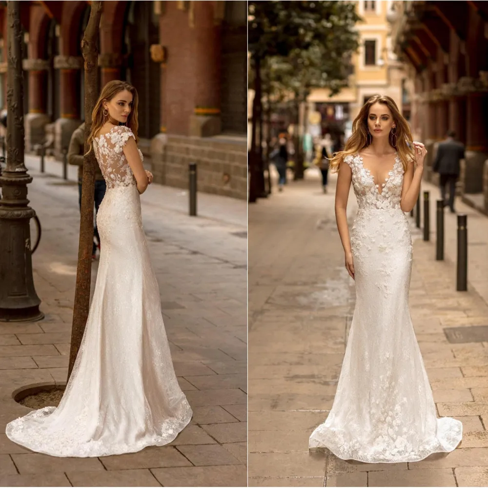 2020 sirène robes de mariée coiffée manches dentelle Appliques robes de mariée sur mesure bouton retour balayage Train robe de mariée