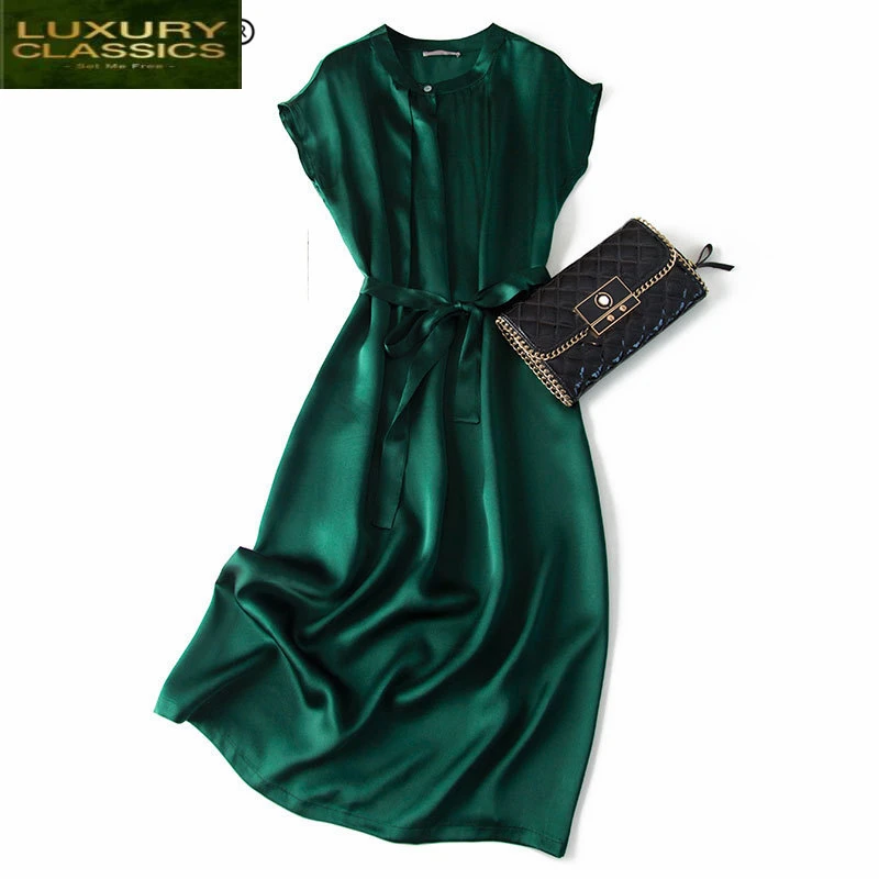 

Women Dress Real Silk Slim Long Summer Dress Elegant Spring Clothes 2021 Vintage Belt Party Dresses Vestidos Verano A0629