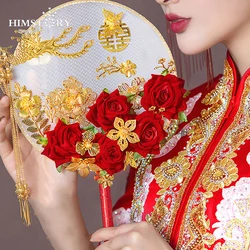 HIMSTORY Bride Buket Red Roses Flower Bridal Fan Chinese Style Long Tassel Phoenix Wedding Bouquet Ancient Gold Hand  Accessorie