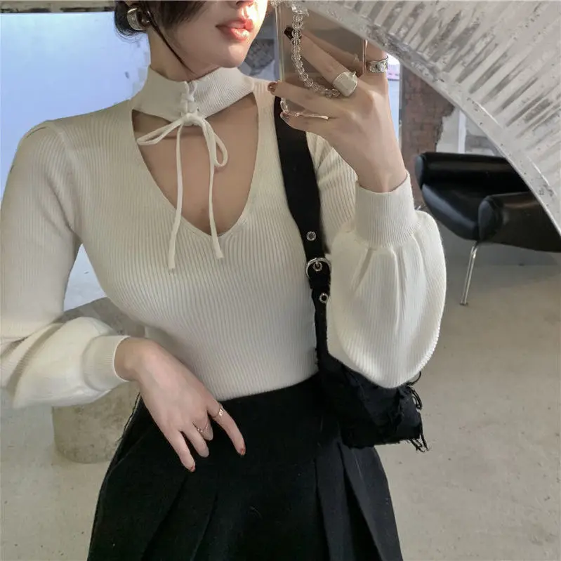 Spring Autumn Sexy Hollow-out Slim Knit Women's V-neck Top Woman Sweaters Femme Chandails Pull Hiver