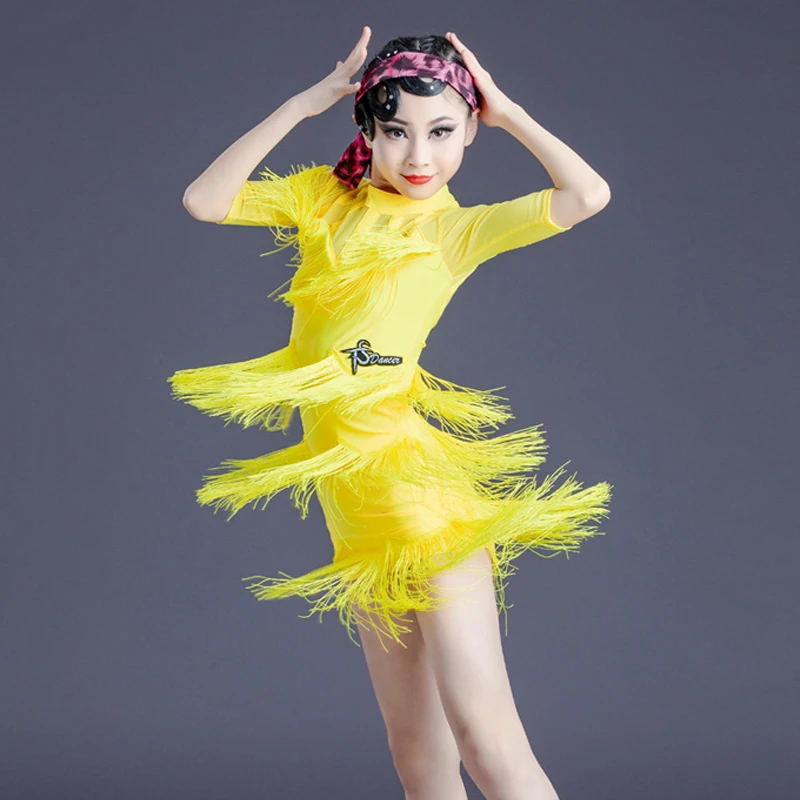 Yellow Latin Dance Dress Girls Full Fringed Chacha Dresses Kids Salsa Samba Tango Ballroom Dance Competition Clothes SL4671