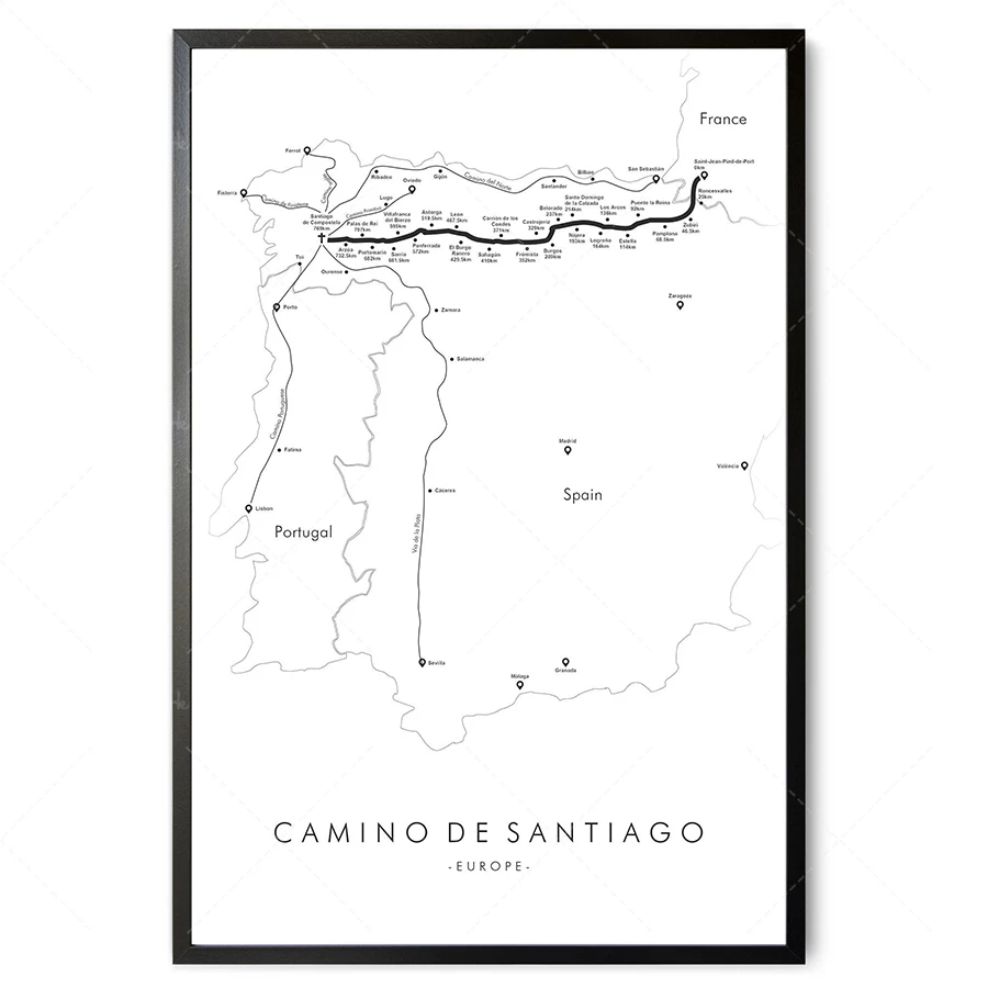 Camino de Santiago Trail Map | Camino Hiking Trail Map | Camino de Santiago Poster | Santiago de Compostela | Trail Map Art