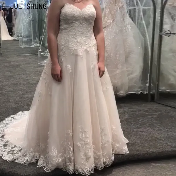 E JUE SHUNG-vestidos de novia elegantes de encaje, sin mangas, con apliques, talla grande, línea A, vestido de novia