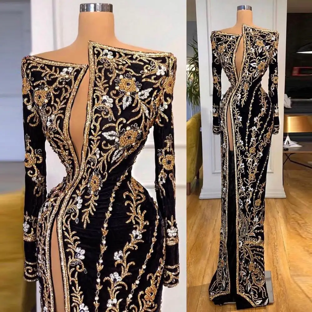 Noble Black Evening Dress Gold Sequined Appliques Custom Made Sexy High Slit Prom Gowns Long Sleeves Floor-Length Robe De Soiree