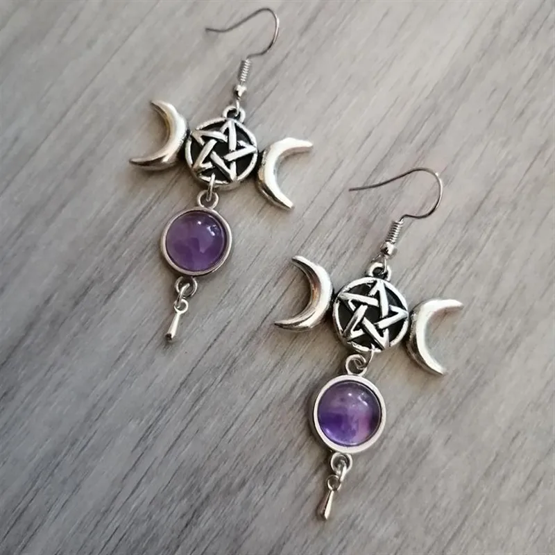 Pentagram Triple Moon Purple Stone Earrings Natural Stone Wicca Witchy Witch Magic Pagan Gothic 2020 Fashion Women Gift New