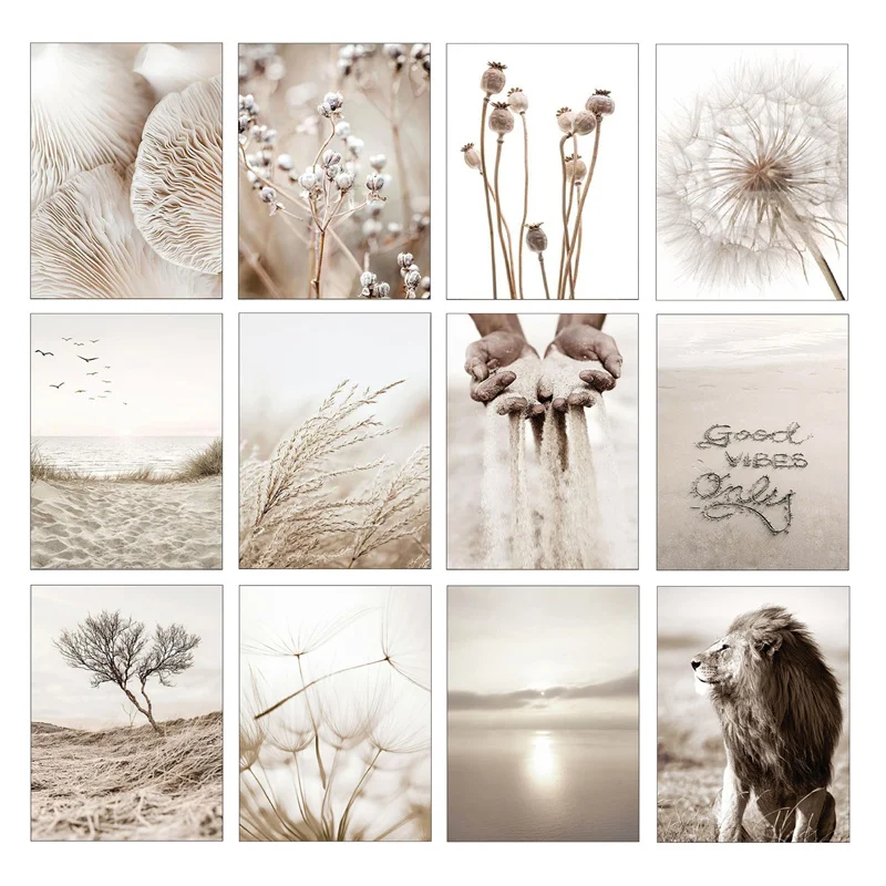 Modern Nordic Lion Poster Landscape Painting Canvas Dandelion Poster Art Reed Beach Poster for Living Room Wall Decoration Mural