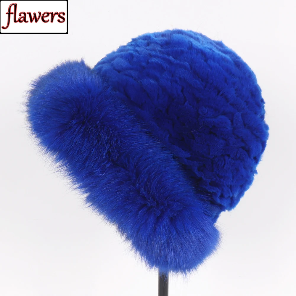 

Hot Sale Knit Real Genuine Fox Fur Hats Women Beanies Solid Elastic Rex Rabbit Fur Caps Winter Party Fashion Fur Hat Skullies