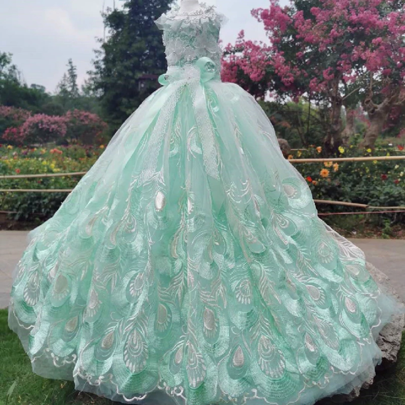 Dog Dress Handmade 2023 Lace Dresses High-end Green Peacock Trailing Princess Wedding Dresses Dogs Skirt Photography Long Skirt