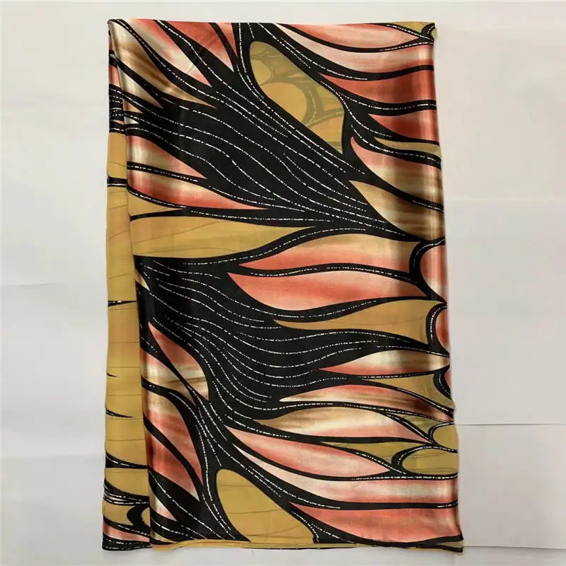 Hot sale high quality african silk satin fabric for lady dress printed silk sewing material 5 yards. N06