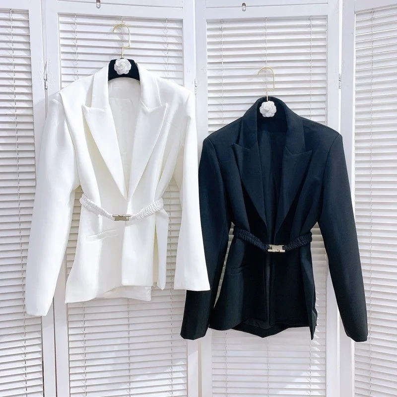 White Designer Black Blazer Coat Women Spring Autumn Long Sleeve Chiffon Suit Jacket Fashion Office Lady Sashes Elegant Blazers