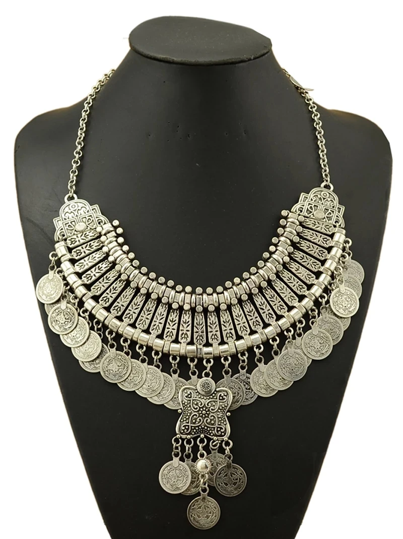 Vintage Silvery Beach Coins Choker Necklace Drop Earrings Set for Women Gypsy Tribal Afghan Pakistan Ethnic Dress Indian Jewelry