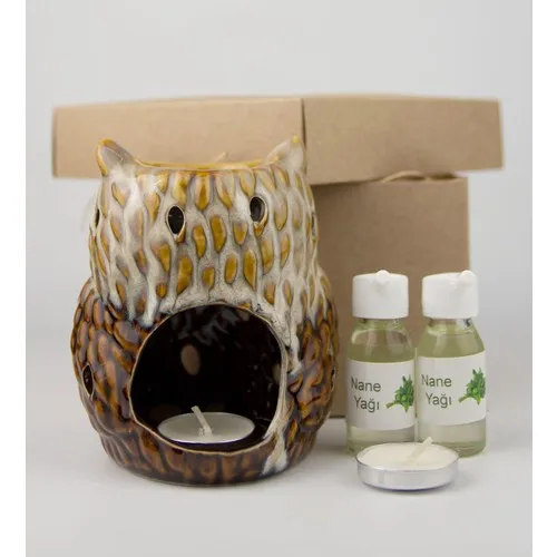 Gift Idea Brown Owl Design Censer and 2gang Mint Oil Set