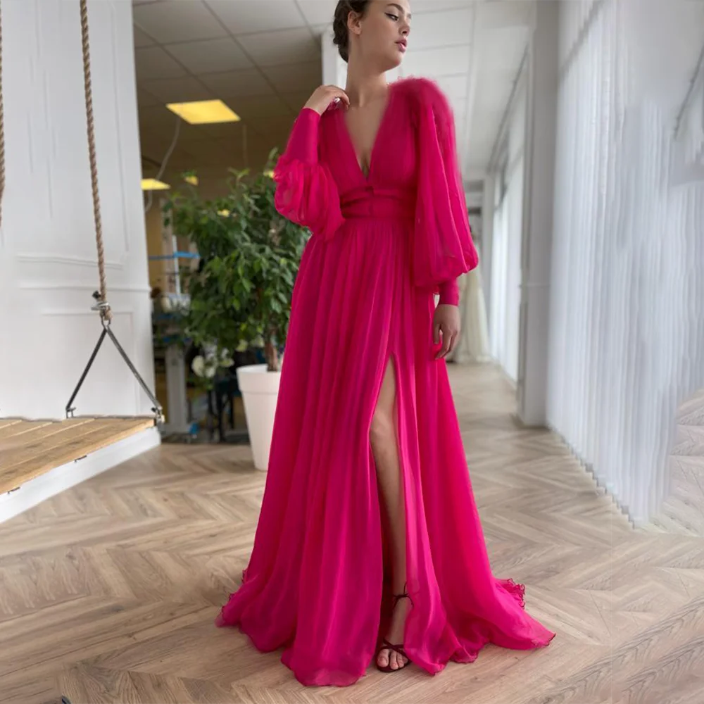 Robe de soirée froncée en mousseline de soie, col en V, fente haute, sur mesure, manches longues bouffantes simples, ligne A plissée, dos nu, robe de bal de Cocktail