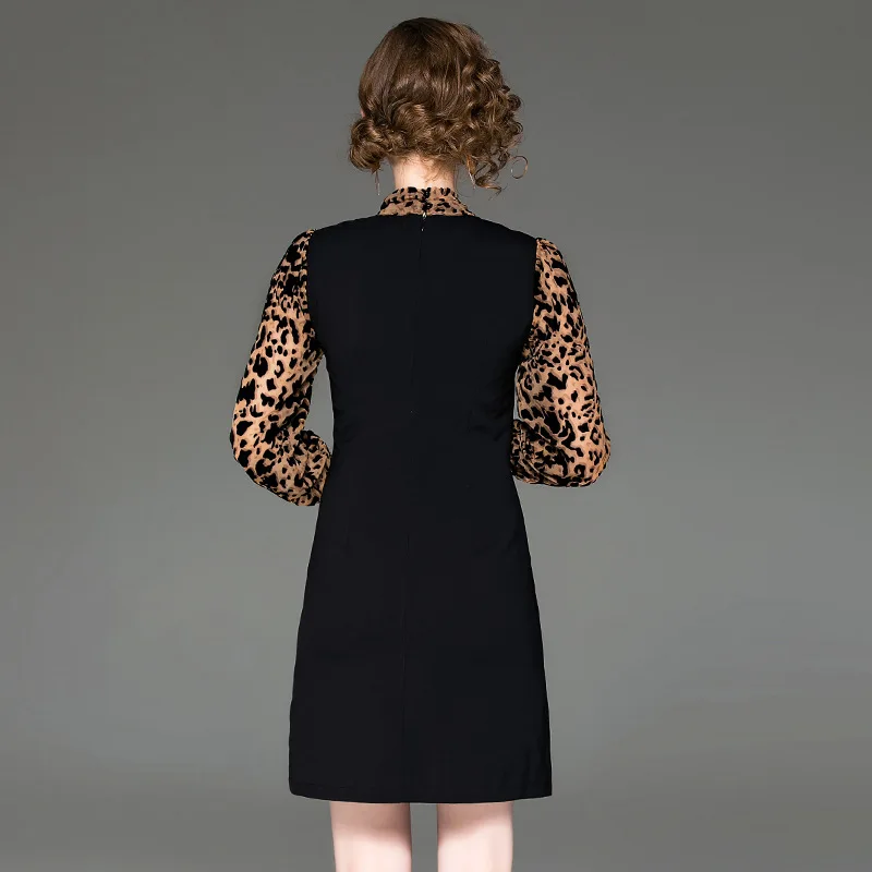 

023 autumn new female OL commuter dress lead leopard stitching long-sleeved dress high waist slim step dresses