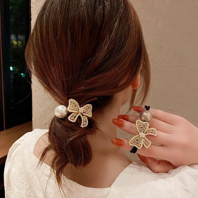 New Style Headwear High-End Sense Head Rope Bowknot Pearl Hair Rope Simple Female Net Red Ponytail Head Rubber Band