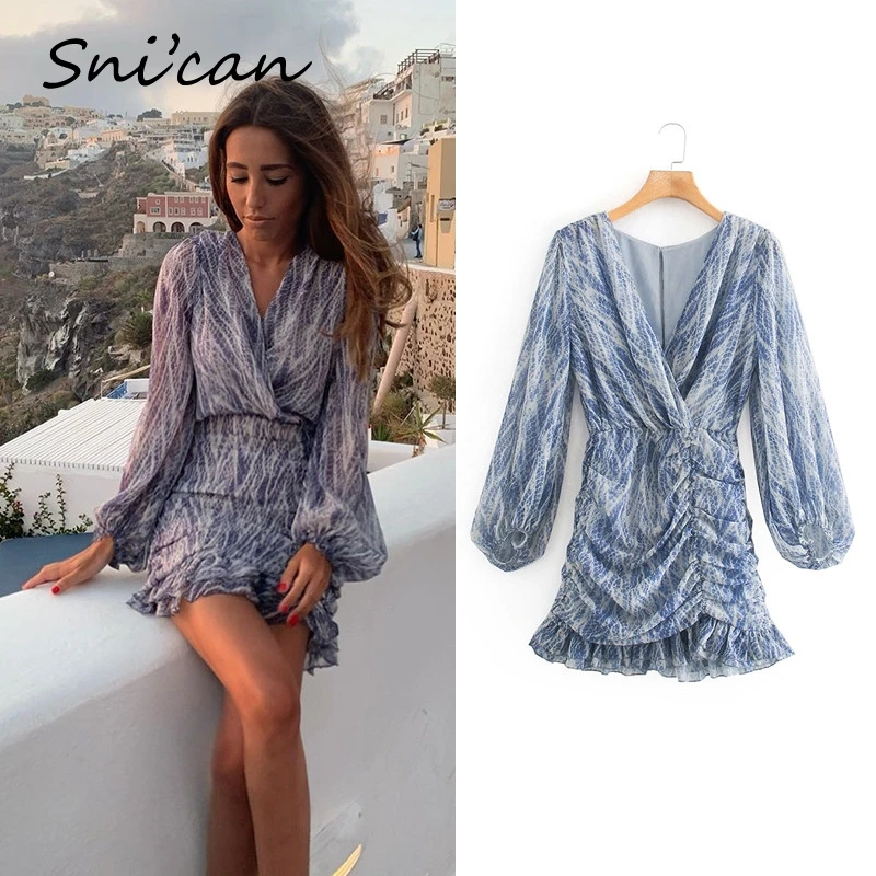 

snakeskin print ruffle dress lantern sleeve v neck sexy dresses spring autumn sukienka letnia za 2020 women vestido de mujer