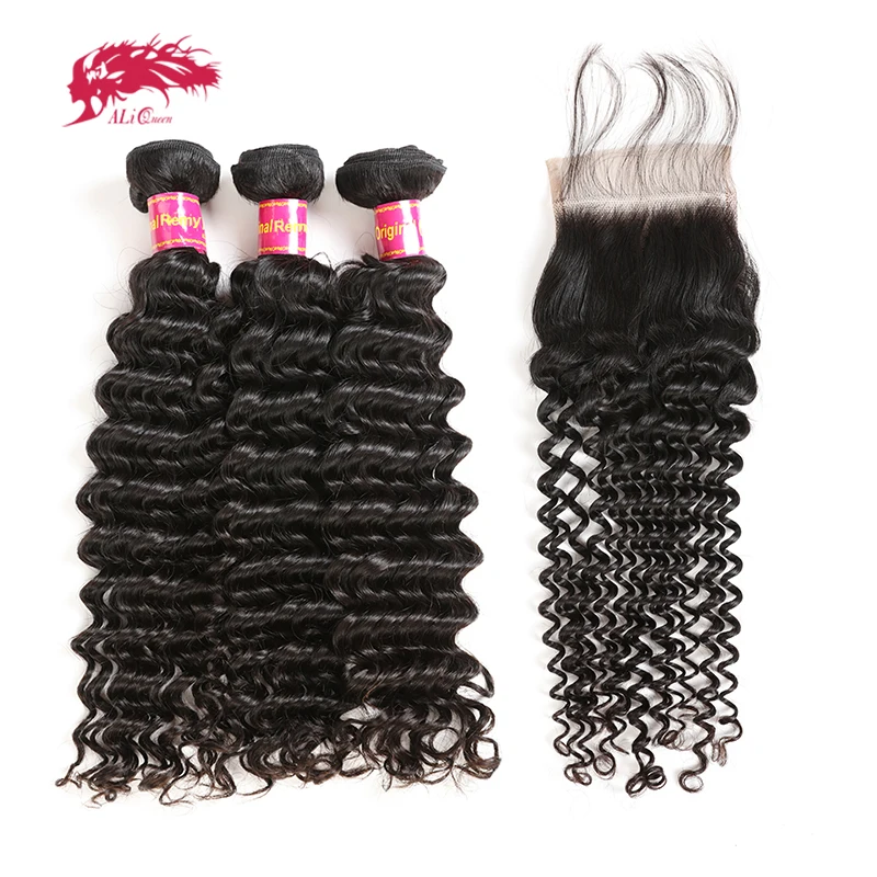 Ali Queen Hair Deep Wave Brazilian Bundles With Closure 4x4 5x5 Remy Human Hair Bundles With Frontal 13x4 Closure Natural Color