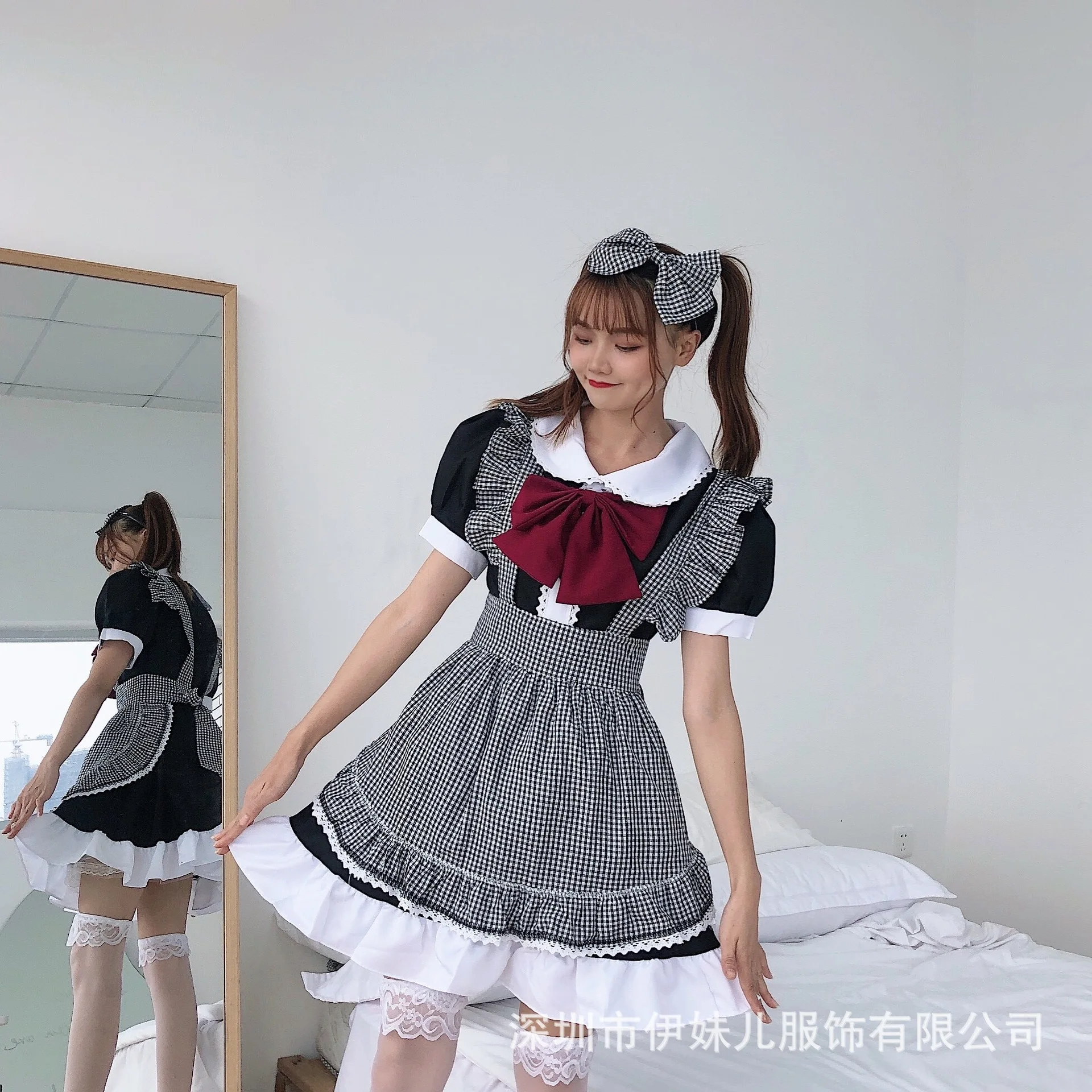 Mùa Hè Mềm Bé Gái Búp Bê Thắt Nơ Cổ Vòng Eo Thon Gọn Kẻ Sọc Đầm Công Chúa Ren Kawaii Lolita Đầm Gothic Bông Tai Kẹp Đậm