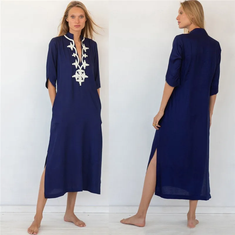 

Navy Retro Embroidered Long Kaftan Woman Bikini Cover Up Vintage Tassel Summer Dress Beach Wear Swim Suit Cover Up