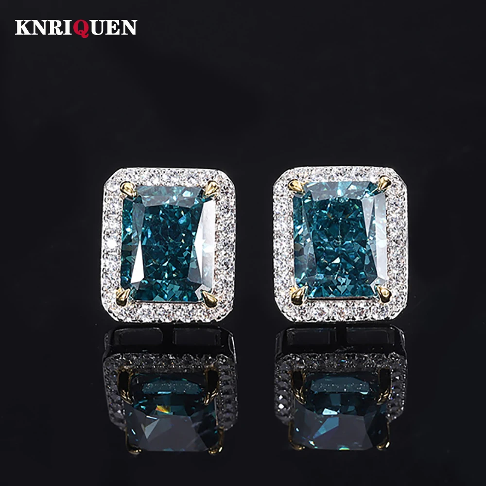 

2021 Trend 100% 925 Silver 8*10 Aquamarine Tourmaline High Carbon Diamond Stud Earrings for Women Gemstone Wedding Fine Jewelry