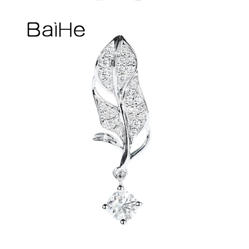 BAIHE Solid 14K White Gold 0.22CT H/SI Natural Diamond Feather Pendant Women Trendy Everyday Fine Jewelry Making Colgante Pluma