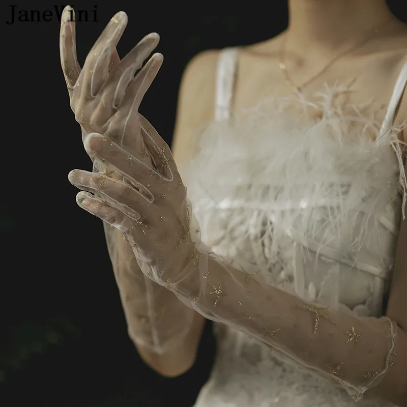 Janevini Lange Elleboog Lengte Bruids Handschoenen Sexy See Through Volledige Vinger Trouwjurken Handschoenen Bruid Gouden Ster Decoratie Handschoenen