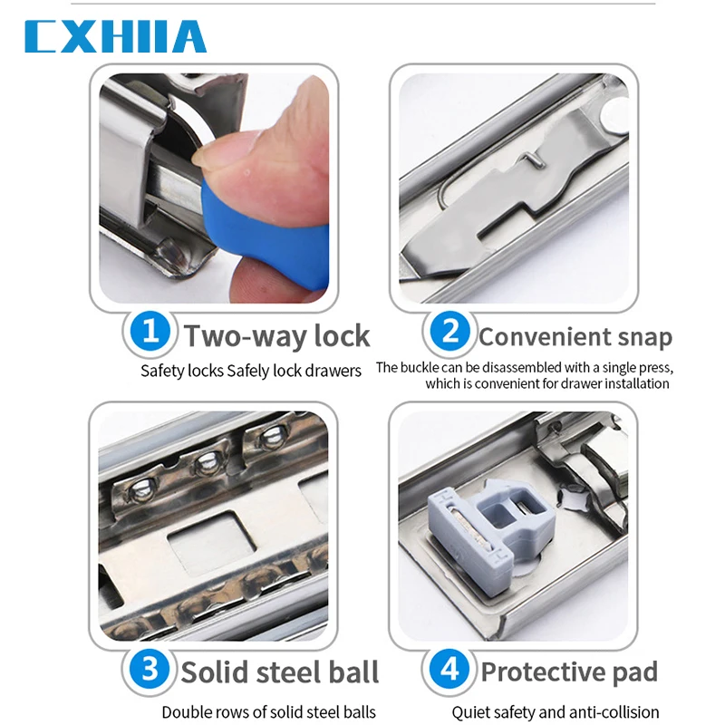 CXHIIA Stainless Steelheavy Duty Lock In Drawer Slides  Camper Full Extension Guide Ball Bearing Rail Rv  System