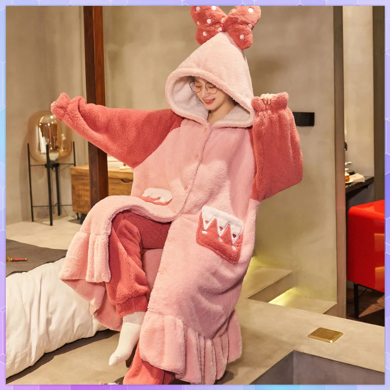 Robes Women's Dressing Gown Winter Coats For Home Clothes Warm Bathrobe Female Coral Fleece Nightdress Sleepwear Cute Kimono