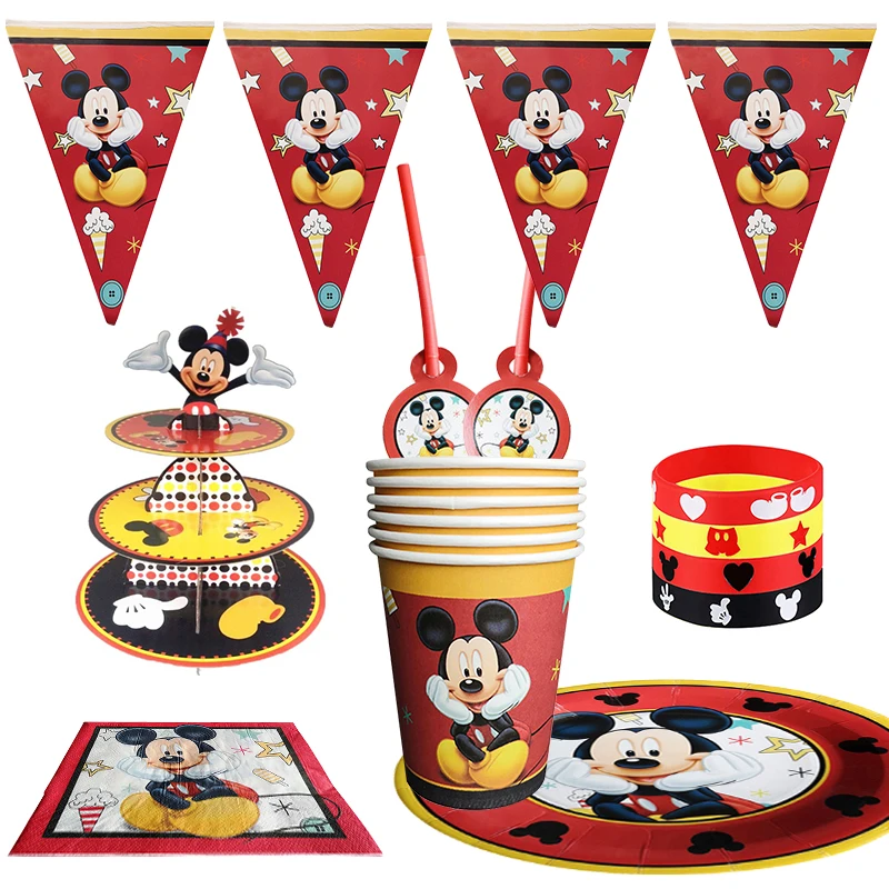 

38pc/lot Disney Cartoon Mickey Mouse Theme Cutlery Party Decoration Birthday Party Baby Bath Cake Stand Cup Plate Party Supplies