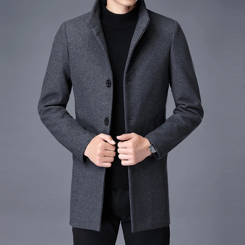 2022 Winter Wool Coat Men Thick Coats Slim Fit Stand Collar Mens Fashion Wool Blend Outwear Jackets Smart Casual Trench Coat