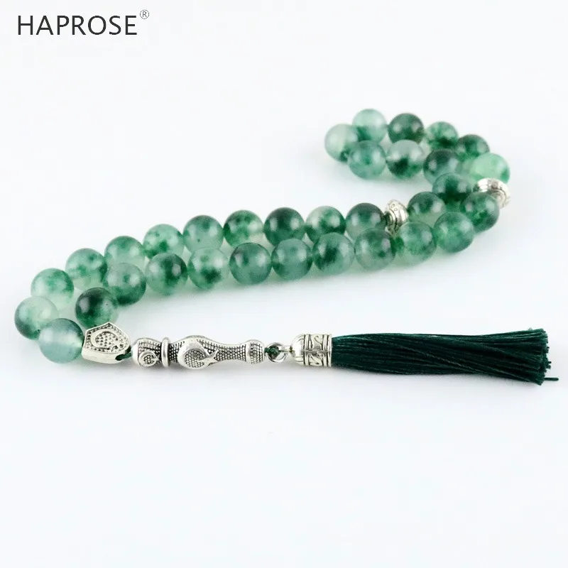 Fashion green agate 33 beads Islamic Muslim tasbih Allah Rosary Natural gray 8/10mm beads agate bracelet gift