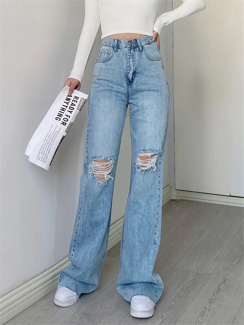 LMQ NEW 2021 Women European American Retro Wild Loose Thin High Waist Knee Hole Denim Wide Leg Mopping Straight Leg Micro Pants