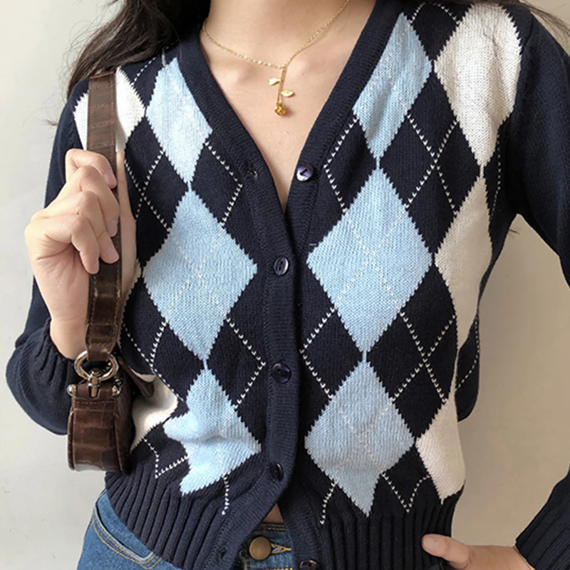 Cardigan for Women 2024 Vintage Stylish Geometric Pattern Short Knitted Sweater Fashion Long Sleeve England Style Outerwear