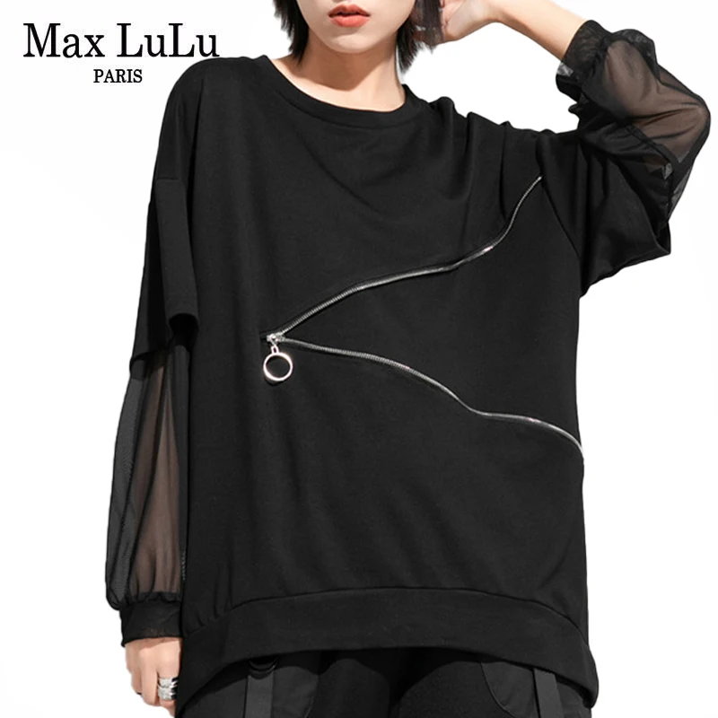 Max LuLu Spring Fashion 2021 New Clothes Ladies Lace Patchwork Tshirts Womens Zippers Black Tees Female Casual Long Sleeve Tops