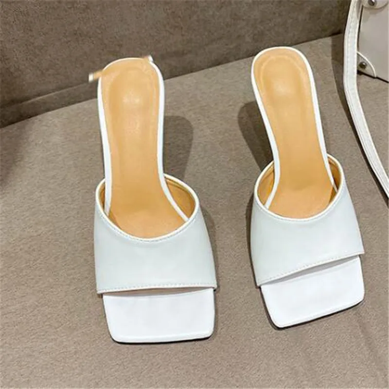 High Quality Soft Leather Casual Mules Thin High Heel Sandals Summer Women Square Toe Outdoor Slippers Dress Shoes