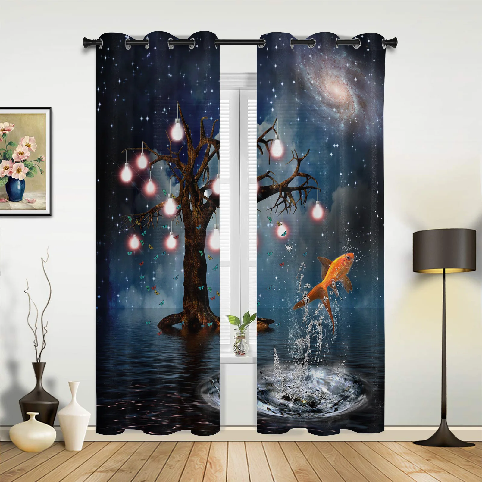 Tree Lights Carp Milky Way Kitchen Curtain Kids Bedroom Living Room Balcony French Windows Curtain Fabric Pergola Bathroom