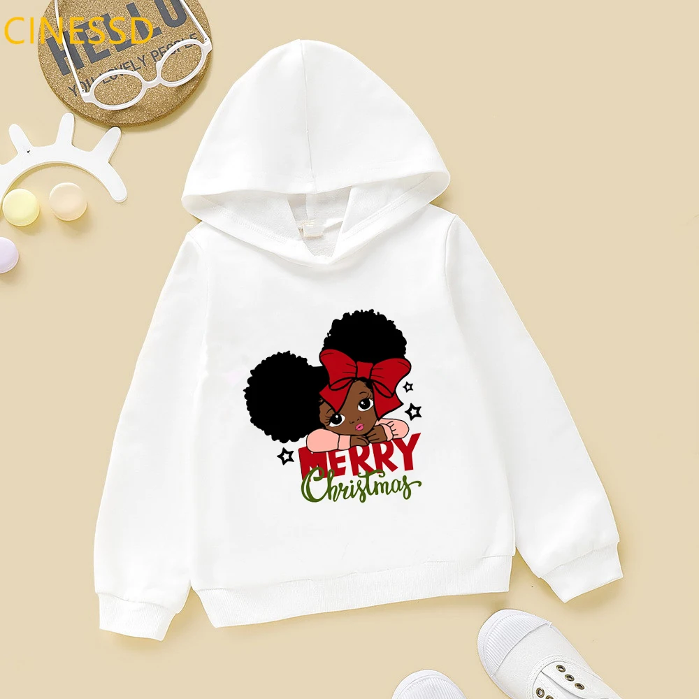 Little melanin princess with bow print merry christmas hoodie lovely african american black girls white pink yellow sweatshirts