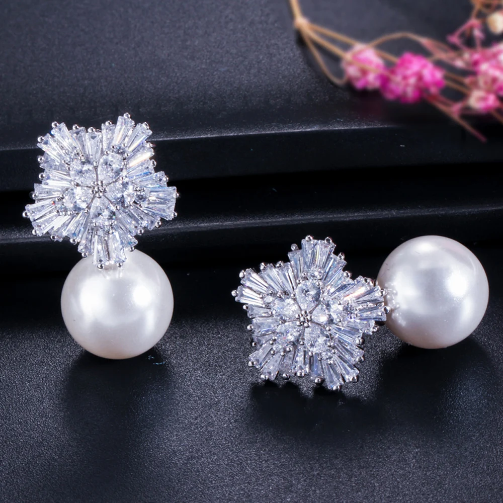 ThreeGraces Famous Designer Jewelry Sparkling Snow Flower Cubic Zirconia Crystal Setting Big Pearl Stud Earrings for Women E0006