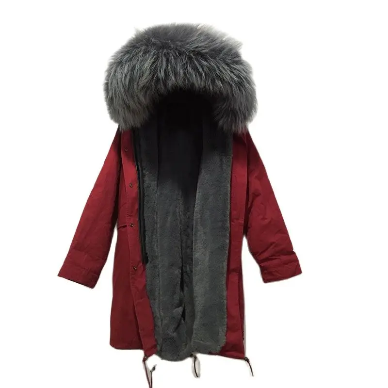 Long Style Fashion Mr And Mrs Wear,Grey Fur Inner For Male Wear,Red Parka Winter Women&Mens Jacket